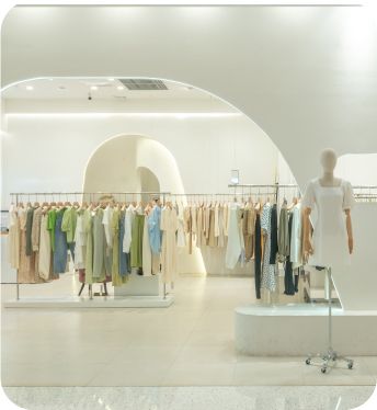 白を基調としたアパレルショップの店内にディスプレイされたカラフルな洋服